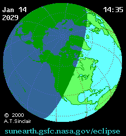 Jan 14 2029, sunearth.gsfc.nasa.gov/eclipse의 이해를 돕기 위한 화면으로 자세한 내용은 하단 표에서 확인하실 수 있습니다.