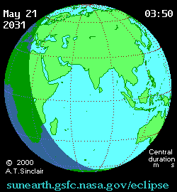 May 21 2031, sunearth.gsfc.nasa.gov/eclipse의 이해를 돕기 위한 화면으로 자세한 내용은 하단 표에서 확인하실 수 있습니다.