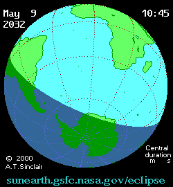 May 9 2032, sunearth.gsfc.nasa.gov/eclipse의 이해를 돕기 위한 화면으로 자세한 내용은 하단 표에서 확인하실 수 있습니다.