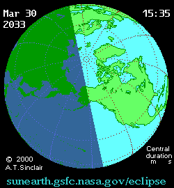 Mar 30 2033, sunearth.gsfc.nasa.gov/eclipse의 이해를 돕기 위한 화면으로 자세한 내용은 하단 표에서 확인하실 수 있습니다.