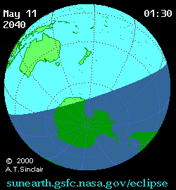 May 11 2040, sunearth.gsfc.nasa.gov/eclipse의 이해를 돕기 위한 화면으로 자세한 내용은 하단 표에서 확인하실 수 있습니다.