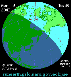 Apr 9 2043, sunearth.gsfc.nasa.gov/eclipse의 이해를 돕기 위한 화면으로 자세한 내용은 하단 표에서 확인하실 수 있습니다.