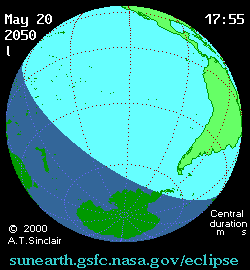 May 20 2050, sunearth.gsfc.nasa.gov/eclipse의 이해를 돕기 위한 화면으로 자세한 내용은 하단 표에서 확인하실 수 있습니다.
