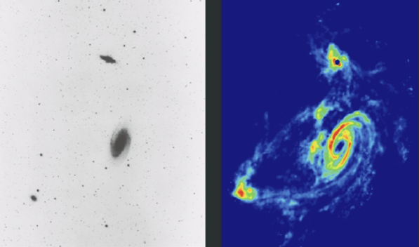 (좌) M81 은하를 광학 망원경으로 관측한 모습, (우) M81 은하의  21cm 중성수소 밝기 분포
